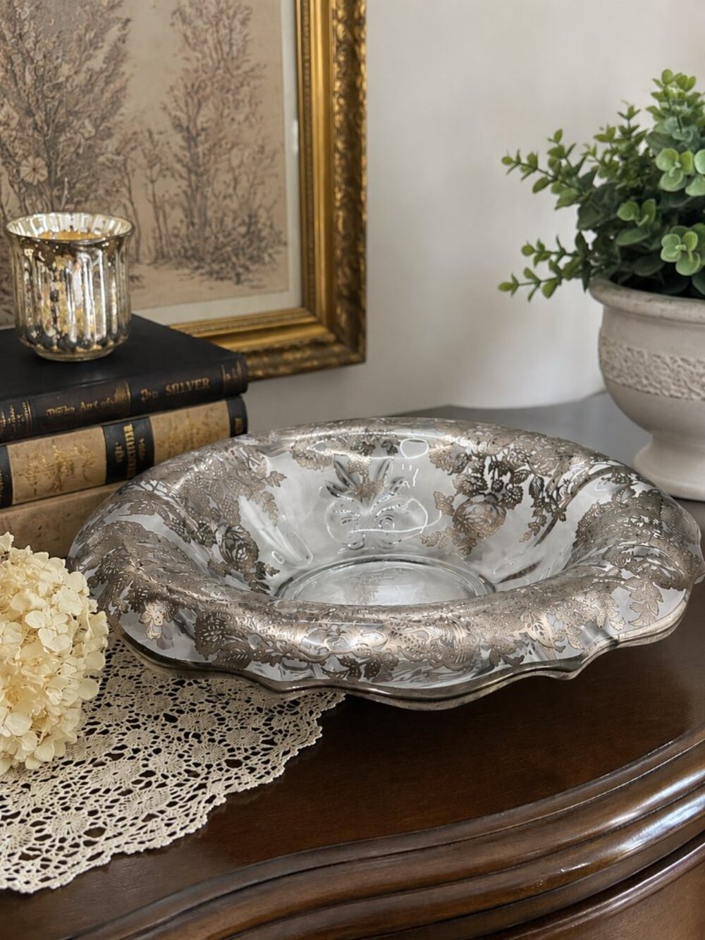 VTG Fostoria Baroque Silver Overlay Glass Bowl 12" Floral Heavy Centerpiece MCM
